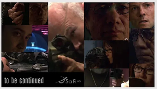 Collage de escenas de Battlestar Galactica con el rótulo «to be continued»
