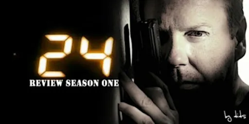 Jack Bauer apuntando con una pistola junto al logo de 24 y el texto «Review season one»