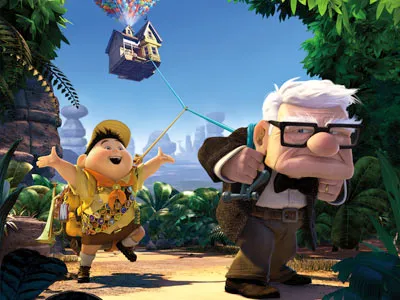 Russell y Carl en la selva con la casa de globos detrás en Up