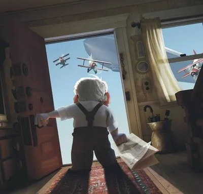 Carl se asoma a la puerta de su casa voladora mientras aparecen aviones en Up