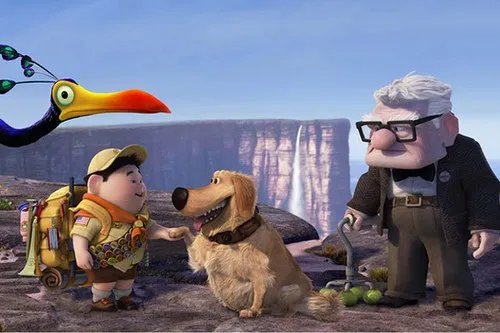 Russell, el perro Dug, Carl y el pájaro Kevin en Up