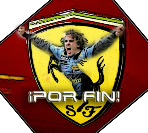 Escudo de Ferrari con Fernando Alonso celebrando y el texto «¡Por fin!»