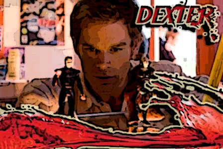 Dexter Morgan con efecto de dibujo junto al logo de la serie
