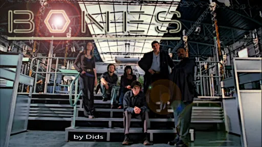 El reparto de Bones posando en las escaleras del laboratorio, montaje de Dids