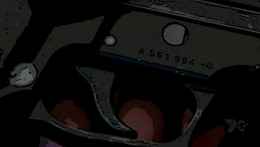 Primer plano de una pistola con el número de serie A561984 en FlashForward