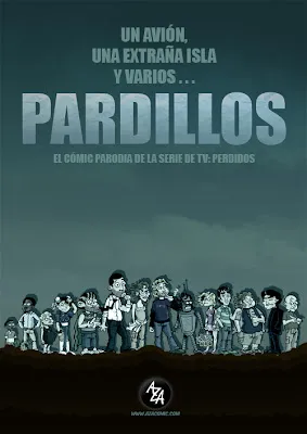 Cartel de Pardillos con los personajes dibujados bajo el lema «Un avión, una extraña isla y varios…»