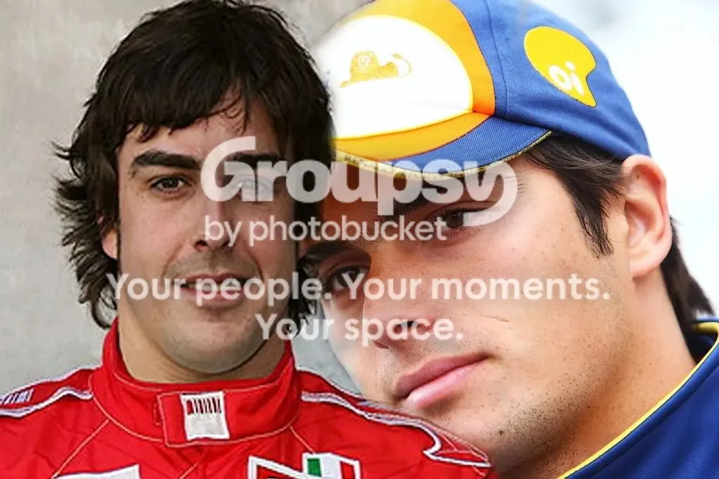 Fernando Alonso y Nelson Piquet Jr. con el aviso de Photobucket superpuesto