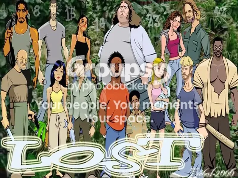 Dibujo de los personajes de Lost con el aviso de Photobucket superpuesto