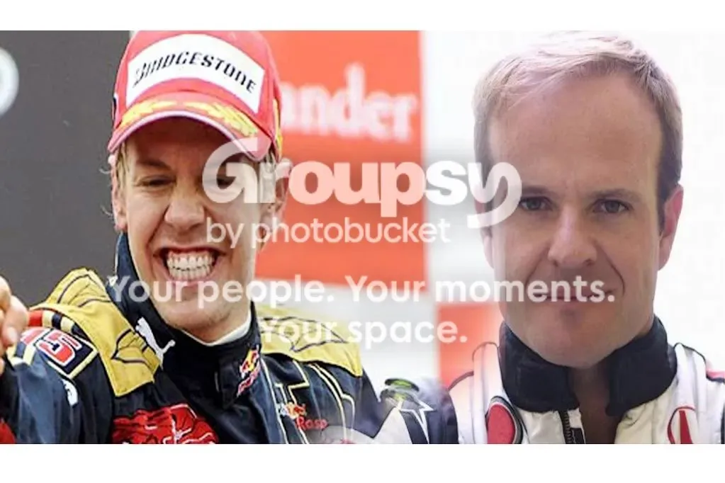 Sebastian Vettel y Rubens Barrichello con el aviso de Photobucket superpuesto